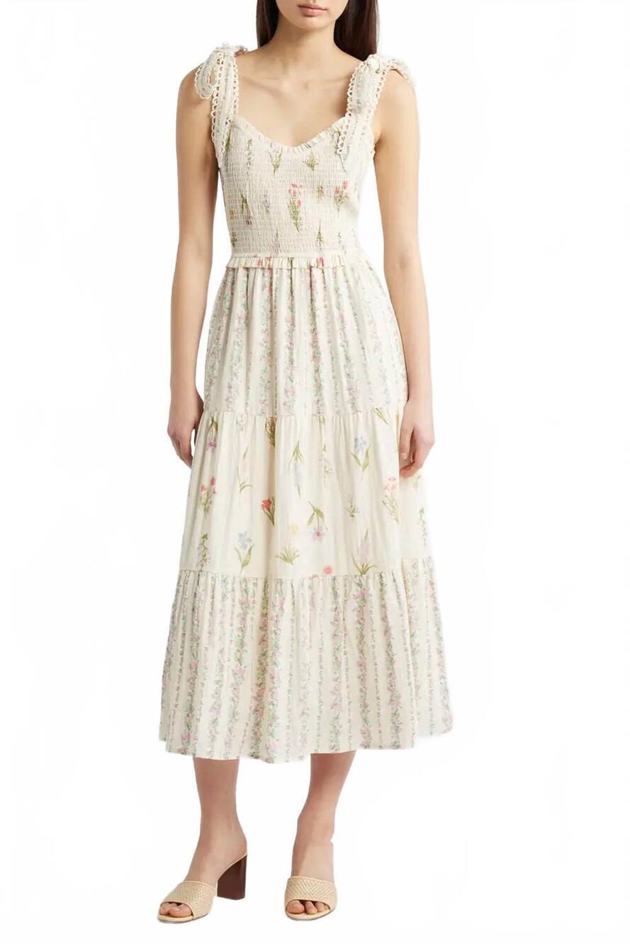 NEW MOON RIVER floral picot trim smocked bodice midi sundress in ivory pink mult